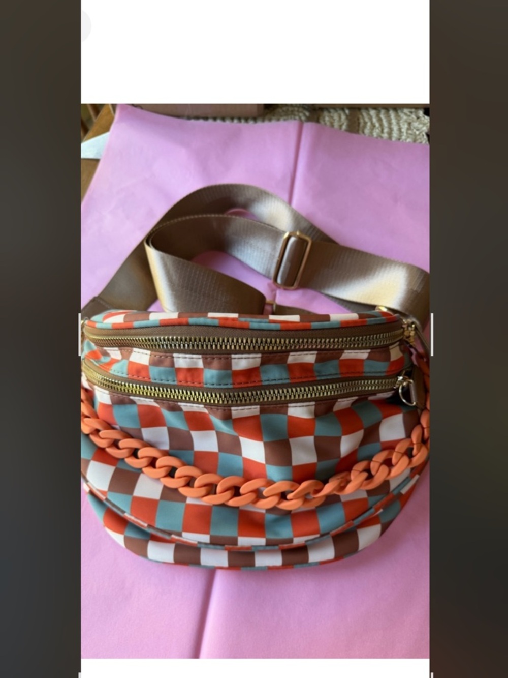 Emmafy Checkerboard Crossbody Hands-Free Bum Bag with Coral Chain Accent.